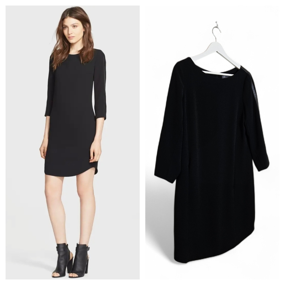 Vince Shift Dress Size 10 Leather Strap Long Sleeve Pockets Minimalist LBD Black